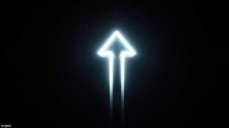 This image showcases a bright neon arrow in a dark background, symbolizing direction and navigation. Ideal for modern design themes and creative projects.の素材