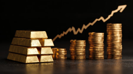 A striking image featuring gold bars, coins, and a rising graph, symbolizing financial growth and investment potential in a modern economy.の素材