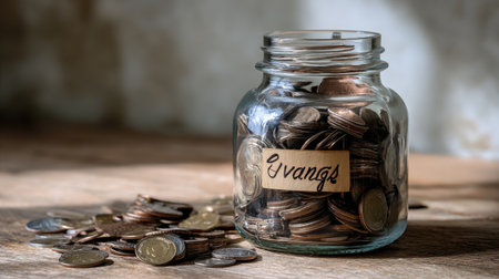 A clear glass jar filled with coins sits on a wooden surface, capturing the essence of savings and finance. This image embodies a rustic atmosphere, perfect for various themes.の素材