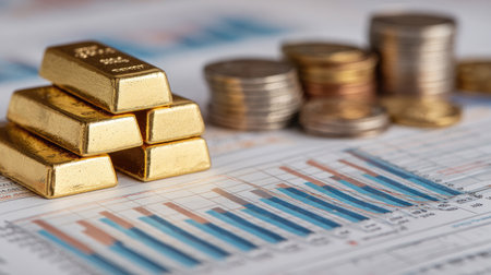 A close view of stacked gold bars on detailed financial reports with coins and graphs, illustrating concepts of wealth investment and market analysis for trading strategies.の素材