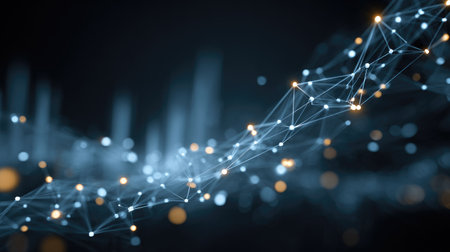 This stunning abstract image showcases a digital wave composed of bright dots and interconnected lines, representing data flow in a modern technological landscape.の素材