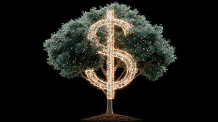 A creative representation of a tree shaped like a dollar sign, illuminated with lights. This image symbolizes growth, prosperity, and financial success, perfect for business themes.の素材