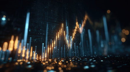 A stunning visualization of financial trends with glowing candlestick patterns, showcasing data fluctuations and technological elements in a modern setting.の素材