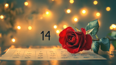 A beautiful red rose rests on a calendar page highlighting the number 14, surrounded by soft lights, creating a romantic ambiance perfect for special occasions.の素材
