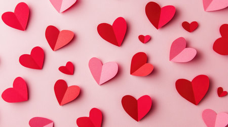 A vibrant arrangement of various paper hearts in shades of red and pink on a soft pink background. Perfect for themes of love and celebration.の素材