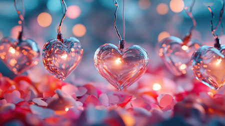 Beautiful heart-shaped glass ornaments glow softly among vibrant petals, creating a romantic and intimate ambiance perfect for celebrations and special moments.の素材