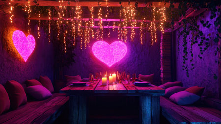 This cozy and romantic restaurant scene features heart-shaped lights, soft cushions, and candles creating a warm ambiance for intimate dining experiences.の素材