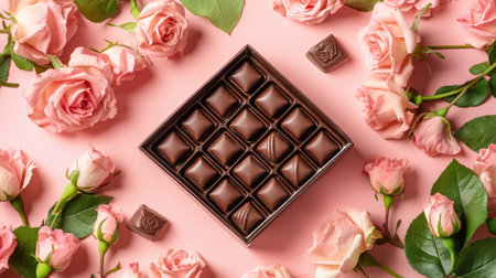 A stunning arrangement featuring a box of exquisite chocolates surrounded by fresh pink roses on a soft pink background, perfect for celebrations.の素材