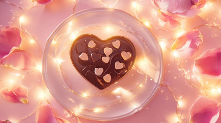 A beautifully arranged chocolate heart on a plate, surrounded by rose petals and fairy lights, ideal for romantic occasions and celebrations.の素材
