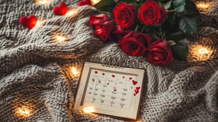 A beautifully arranged scene featuring a calendar marked with hearts and vibrant red roses on a cozy blanket, perfect for celebrating love.の素材
