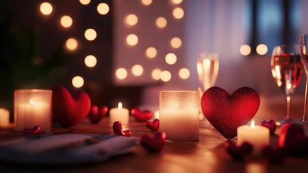 A beautifully arranged romantic table setting featuring glowing candles, heart decorations, and sparkling glasses, perfect for a heartfelt dinner.の素材