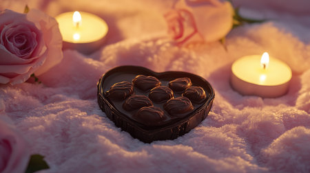 A romantic scene featuring a heart-shaped chocolate surrounded by soft pink roses and flickering candles, creating an intimate and cozy atmosphere perfect for celebrating love.の素材