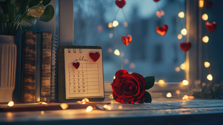 A cozy window sill featuring a calendar adorned with red hearts, a beautiful rose, and warm lights, creating a romantic and inviting atmosphere perfect for celebrations.の素材