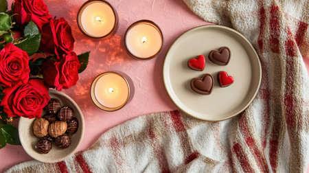 Delightful romantic setup featuring vibrant roses, heart-shaped chocolates, and glowing candles, perfect for celebrating love and special moments together.の素材