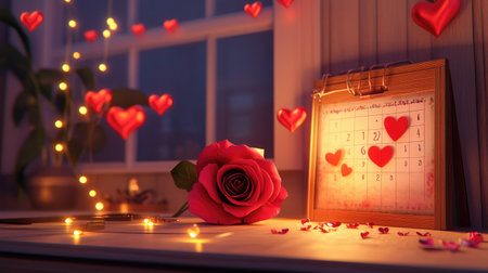 A serene indoor setting featuring a single rose, hearts, and a calendar, capturing the essence of love and romance for a perfect Valentine's Day atmosphere.の素材