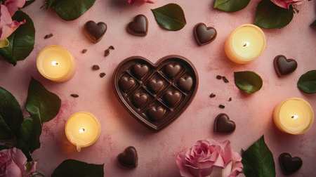 A beautiful arrangement featuring a chocolate heart box surrounded by roses and candles, creating a romantic atmosphere perfect for celebrations of love and affection.の素材