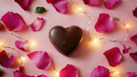 A delectable dark chocolate heart resting among vibrant rose petals and gentle fairy lights, creating a romantic and cozy atmosphere perfect for love and celebration.の素材