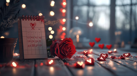 A romantic scene featuring a calendar marked for February, accompanied by a red rose and heart-shaped decorations. The soft glow of lights creates an intimate atmosphere.の素材