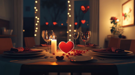 A beautifully arranged dinner table featuring heart-shaped decor, soft candlelight, and elegant glassware, perfect for a romantic evening celebration.の素材