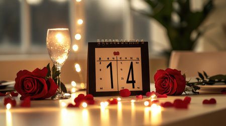 A beautiful romantic table setting for Valentine's Day, featuring roses, candles, and a calendar marked with the 14th, creating a warm and inviting atmosphere.の素材
