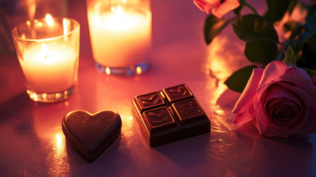 A beautiful arrangement of romantic candles, heart-shaped chocolate, and a pink rose creating a warm, intimate atmosphere perfect for love and celebration.の素材