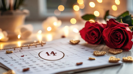 A beautiful arrangement featuring a calendar marked for Valentine's Day, red roses, and heart decorations. Ideal for romantic themes and celebrations.の素材
