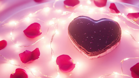 A beautifully arranged heart-shaped chocolate cake, surrounded by vibrant rose petals and soft fairy lights, creating a romantic and inviting atmosphere perfect for celebrations.の素材