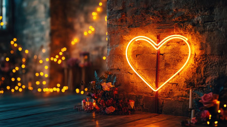 A glowing heart neon sign illuminates a romantic space surrounded by soft lights, creating a warm and inviting atmosphere for intimate moments.の素材