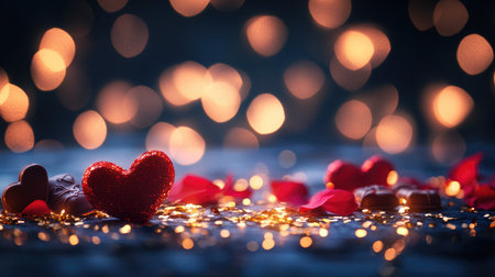 A captivating scene featuring red hearts and rose petals surrounded by sparkling lights. This image evokes romance and warmth, perfect for love-themed projects.の素材