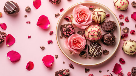 A stunning arrangement of artisan chocolates on a delicate plate adorned with pink roses and scattered rose petals, perfect for celebrations and romantic occasions.の素材