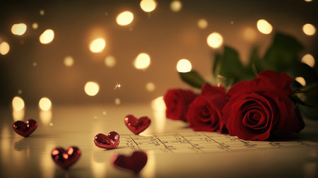A stunning romantic scene featuring red roses and heart-shaped decorations. The soft bokeh lights create a warm and inviting atmosphere, perfect for love-themed events.の素材