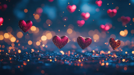 A stunning arrangement of floating glitter hearts against a blurred bokeh background, creating a dreamy and romantic atmosphere perfect for love-themed projects.の素材