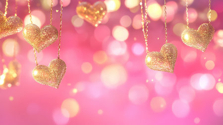 Beautiful shimmering gold hearts hang against a soft pink bokeh background, creating a whimsical and romantic atmosphere ideal for celebrations and special occasions.の素材