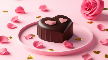 A delightful heart-shaped chocolate dessert sits on a pastel pink plate, surrounded by rose petals and a beautiful rose, perfect for romantic celebrations.の素材