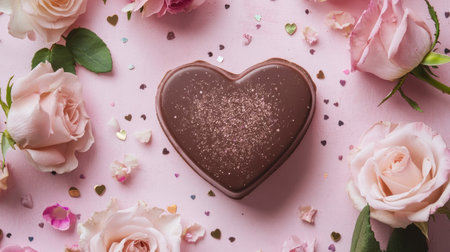 Delightful heart-shaped chocolate surrounded by elegant roses on a soft pink background. Perfect for romantic occasions and celebrations.の素材