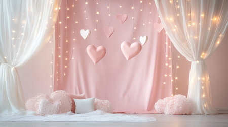 A beautiful romantic setting featuring a pink background adorned with hearts and glowing fairy lights, perfect for celebrations or photography sessions.の素材