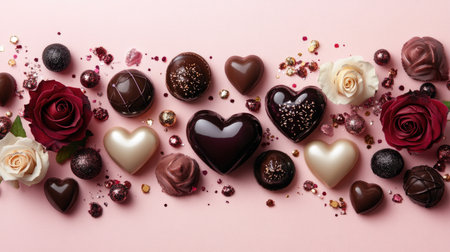 A stunning arrangement of chocolate hearts and roses on a soft pink background. Perfect for celebrating love and romance with a sweet touch.の素材