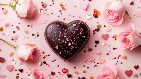 A heart-shaped chocolate adorned with colorful sprinkles and surrounded by soft pink roses and confetti, perfect for celebrating love and special moments.の素材