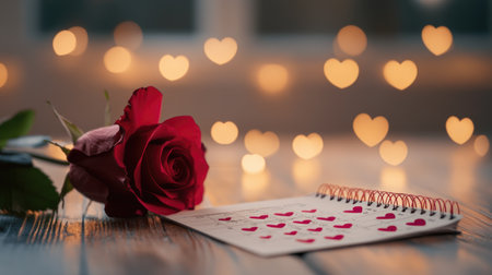 A stunning arrangement featuring a red rose beside a calendar with heart shapes, set against a softly blurred bokeh background, perfect for romantic occasions.の素材