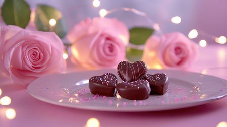 Delicate chocolate hearts alongside soft pink roses create a romantic ambiance. The twinkling fairy lights add warmth, perfect for celebrations of love.の素材