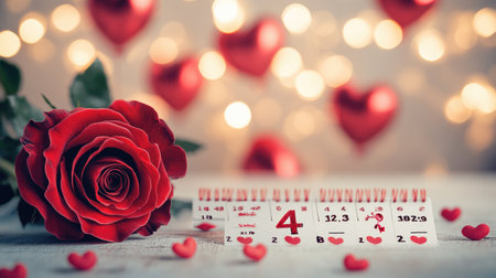 A beautiful red rose placed beside a calendar, adorned with heart decorations, capturing the essence of love and romance for Valentine's Day celebrations.の素材