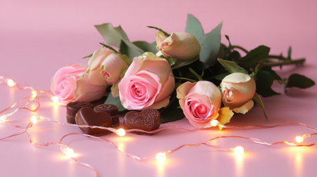 A charming arrangement of pink roses and chocolates creates a romantic setting, enhanced by warm fairy lights on a soft pink background, perfect for celebrations.の素材