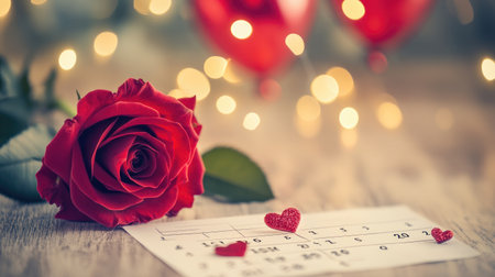 A beautiful red rose with tiny hearts on a table, surrounded by soft glowing lights, perfect for capturing the essence of love and romance during celebrations.の素材