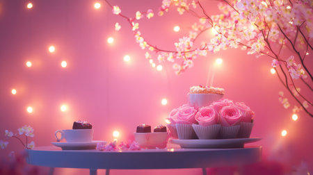 A beautifully arranged dessert table featuring pink roses, cupcakes, and chocolates. Soft lighting creates a romantic atmosphere, perfect for celebrations.の素材