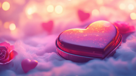 A beautifully designed heart-shaped box rests on a soft surface, surrounded by gentle pink lights and delicate flowers. Perfect for expressing love.の素材