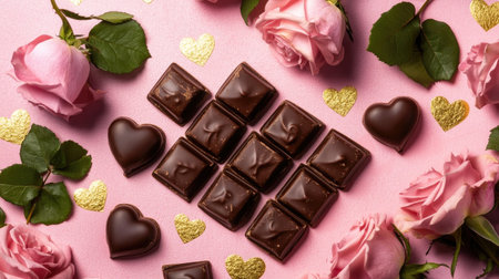 A delightful arrangement of dark chocolate and pink roses on a soft background, perfect for conveying love and sweetness during special occasions like Valentine's Day.の素材