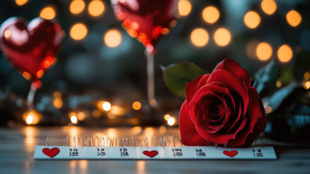 A romantic setup featuring a vibrant red rose and heart decorations on a table, creating a warm and intimate atmosphere perfect for celebrations of love.の素材