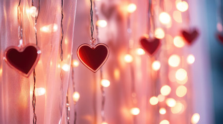 Beautiful decorative hearts hang against a dreamy backdrop of soft glowing lights, creating a romantic and warm atmosphere perfect for celebrations or special moments.の素材