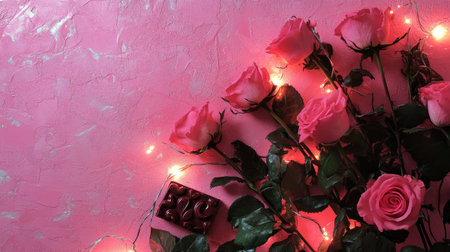A charming display featuring pink roses, chocolates, and soft fairy lights on a vivid pink background, perfect for celebrating love and special occasions.の素材