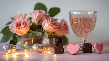 A romantic setup featuring pink roses, heart-shaped chocolates, and a sparkling beverage. Perfect for celebrations, intimate dinners, or special occasions.の素材